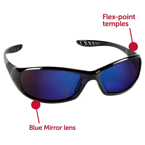 Hellraiser Safety Glasses With Blue Mirror Lenses And Black Frame For Outdoor Work, showing blue mirror lens and flex-point temples.
