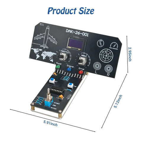 Straight Up DIY Flight Simulator Soldering Kit With Interactive LCD Display and dual control knobs, dimensions shown.