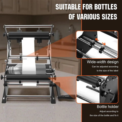Hand Crank Bottle Labeling Machine Adjustable For Glass Metal Round Zp-50W showing adjustable width for various label sizes.