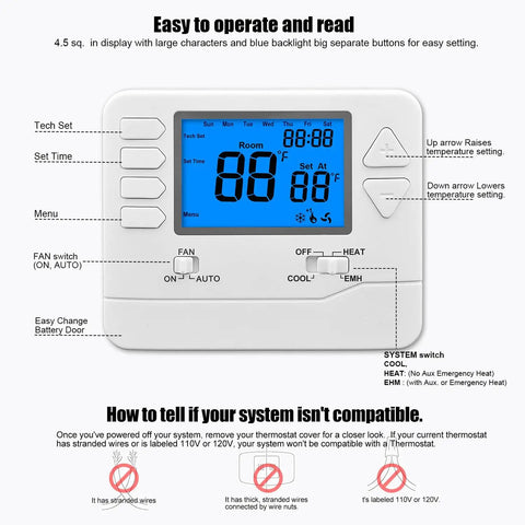 Non-Programmable Heat Pump Thermostat For Home Use Up To 2 Heat And 1 Cool with blue backlit screen and control buttons