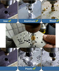 Close-up of Titanium Coated Countersink Chamfer Tool Set For Metal Wood Plastic Deburring Drill Bits 4 Pcs HSS 4241 in use on various materials
