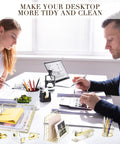 Two colleagues at a desk using 13 Piece Desk Accessory Set For Women Boss Lady Office Organizer Kit With Acrylic Stapler Tape Dispenser