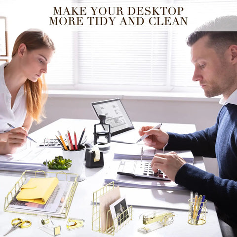 Two colleagues at a desk using 13 Piece Desk Accessory Set For Women Boss Lady Office Organizer Kit With Acrylic Stapler Tape Dispenser