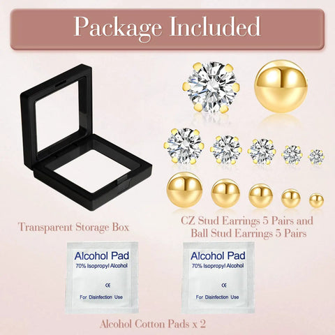 Allergen Free Stainless Steel Stud Earrings Set For Women, 10 Pairs Including Five 316L Ball Studs And Five 5A Plus Cubic Zirconia Pairs, Hypoallergenic Surgical Grade, 3mm Size, Everyday Sparkle You Can Rock, package with storage box and alcohol pads