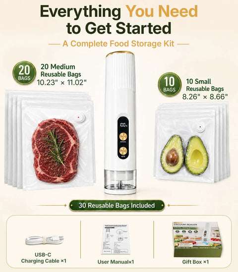 Handheld Food Vacuum Sealer Cordless Compact Sealer With 30 Reusable Bags Keeps Food Fresher Longer Quickly Removes Air