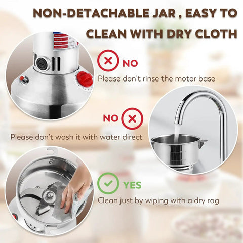 Cleaning instructions for Powerhouse 2500W Electric Grain And Spice Grinder Mill With 110V 50 to 300 Mesh Stainless Steel Pulverizer
