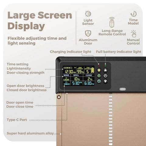 Solar Powered Automatic Chicken Coop Door with color LCD display showing settings and indicators, aluminum body