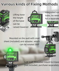 Top Tier 4D Green Laser Level With 360 Self Leveling Cross Lines displayed with various fixing methods and adjustable bases.