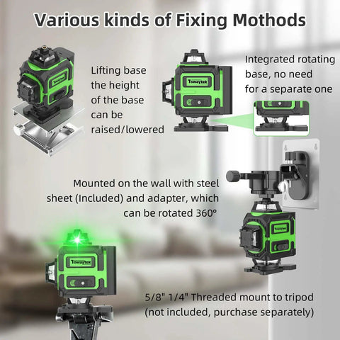 Top Tier 4D Green Laser Level With 360 Self Leveling Cross Lines displayed with various fixing methods and adjustable bases.