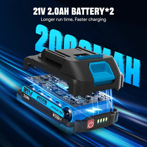 21V 2.0Ah battery for Cordless Three Eighths Inch Electric Ratchet Wrench With Beefy 66 ft-Lbs Torque, set of two batteries