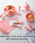 Silicone Baby Feeding Set 13Pc Kit With Suction Bowl Plate Spoons Forks Bib Cup Toothbrush LED Weaning Supplies For 6 Months Plus Pink Must Have Kid Friendly Mess Free displayed on white background.