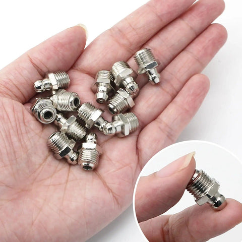 Hand holding 20 Piece M10 Straight Hydraulic Grease Fitting Kit With Zerk Fittings And Nipple Nozzles, corrosion resistant iron