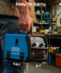 Person holding 135A MIG Welder 110V 3 In 1 Gasless Flux Core Lift TIG Stick Welding Machine Portable Inverter with display.