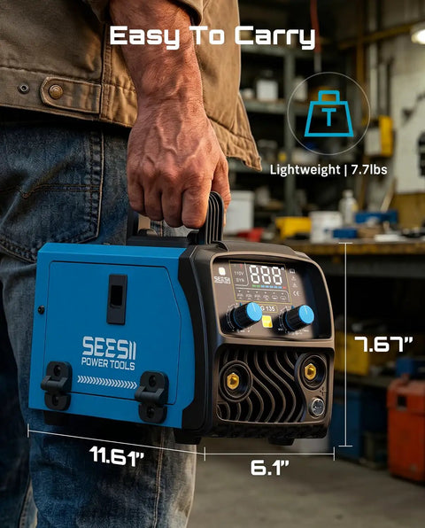Person holding 135A MIG Welder 110V 3 In 1 Gasless Flux Core Lift TIG Stick Welding Machine Portable Inverter with display.