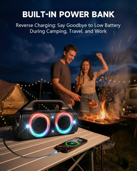 IPX67 Waterproof Bluetooth Speaker With 80W Peak Power Deep Bass And LED Lights Outdoor Portable Party Speaker at campfire