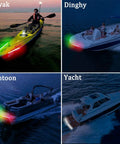 Bow Navigation Lights For Boats Adhesive Install No Drilling Marine Night Fishing Light With Germany 5050 LED Chips Delivers Five Mile Visibility, shown on kayak, dinghy, pontoon, and yacht