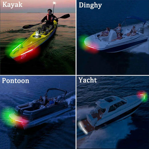 Bow Navigation Lights For Boats Adhesive Install No Drilling Marine Night Fishing Light With Germany 5050 LED Chips Delivers Five Mile Visibility, shown on kayak, dinghy, pontoon, and yacht