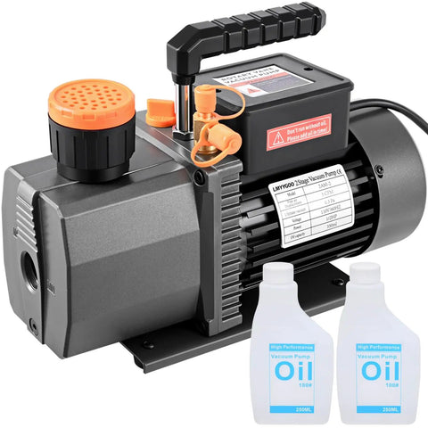 No Sweat 5 CFM Two Stage HVAC Vacuum Pump Half Hp Copper Motor with two bottles of oil for refrigerant evacuation.