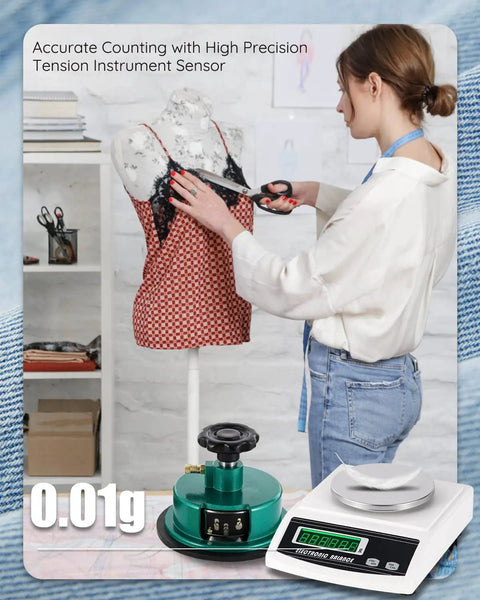 Woman measuring fabric on mannequin with Electronic Fabric GSM Scale With 0-2mm Disc Sampler For Textiles And Nonwoven Fabrics Digital Weight Balance 1000g Capacity 0.01g Readout Includes Sampler 110V Scale visible.