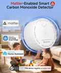 Smart Carbon Monoxide Detector with Matter Thread Real Time Alerts, battery powered, shown in a family room environment.