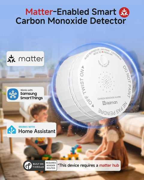 Smart Carbon Monoxide Detector with Matter Thread Real Time Alerts, battery powered, shown in a family room environment.