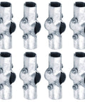 8 Pack 1 3/8 Inch Line Rail Clamps For Chain Link Fence Cross Grid Boulevard Fittings 0.11 Inch Thick Carbon Steel With Hot Dip Galvanized Finish Heavy Duty Rails And Posts Securing Clamp Set, displayed in two rows, showcasing metal clamps with bolts, designed for rail and post securing.