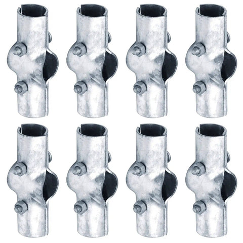 8 Pack 1 3/8 Inch Line Rail Clamps For Chain Link Fence Cross Grid Boulevard Fittings 0.11 Inch Thick Carbon Steel With Hot Dip Galvanized Finish Heavy Duty Rails And Posts Securing Clamp Set, displayed in two rows, showcasing metal clamps with bolts, designed for rail and post securing.