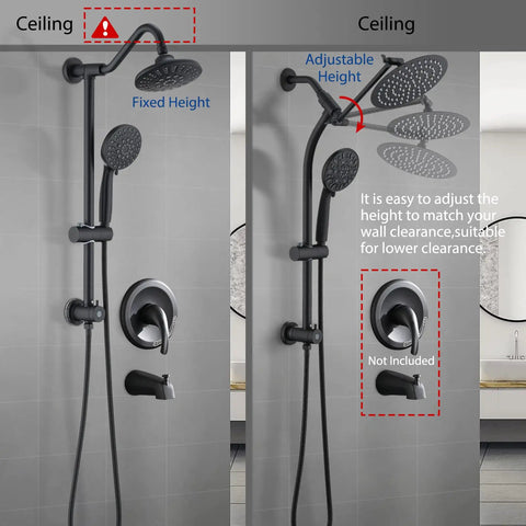 Rainfall 8 Inch Round Shower Head With High Pressure Handheld Spray Combo Drill Free Slide Bar With Matte Black Finish