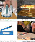Collage of uses for Nonstick Teflon Sheet For Heat Press Transfers in ironing, baking, heat sealing, and crafting projects.