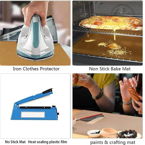 Collage of uses for Nonstick Teflon Sheet For Heat Press Transfers in ironing, baking, heat sealing, and crafting projects.