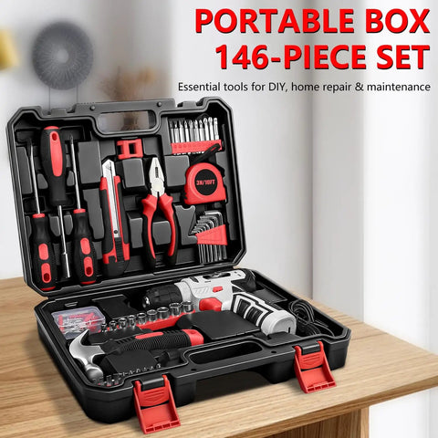 8V Cordless Drill With LED Light And 146 Piece Home Repair Tool Set In Portable Box Hand Drill Kit for Men and Women DIY