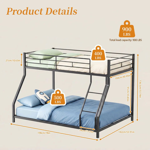 Sturdy Twin Over Full Metal Bunk Bed With Ladder And Full Length Guardrails Space Saving Steel Frame for shared rooms