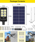 Package contents of Solar Flood Light Outdoor Lamp Dusk To Dawn LED Street Light with solar panel, pole, and remote