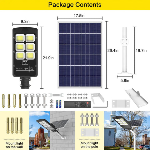 Package contents of Solar Flood Light Outdoor Lamp Dusk To Dawn LED Street Light with solar panel, pole, and remote