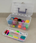 Workhorse 14 Inch Plastic Toolbox With Removable Tray, steel latch and padlock eye, with craft supplies visible inside