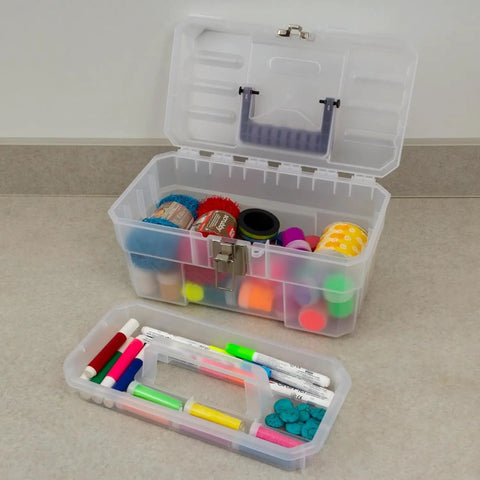 Workhorse 14 Inch Plastic Toolbox With Removable Tray, steel latch and padlock eye, with craft supplies visible inside