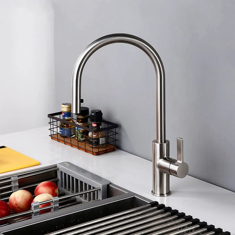 360° Swivel Stainless Steel Kitchen Faucet PullDown Sink Mixer Tap Polished Chrome Kitchen Tap on a countertop with spices nearby.