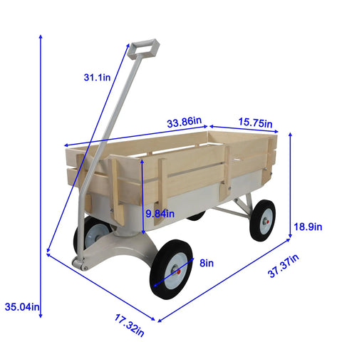 Beefy All Terrain Pull Wagon with removable wooden side panels and solid tires, heavy duty yard and garden pull along wagon, 176 lb load capacity, foldable long handle for easy storage, white.