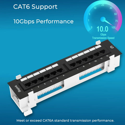 12 Port Cat6 Patch Panel With 10G Support For Home Networking, showcasing 10Gbps performance and CAT6A transmission.