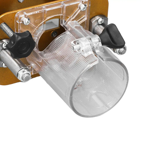 Close-up view of Heavy Duty Stainless Steel Router Mortise And Tenon Jig Precision Woodworking Slotting Fixture's clear dust port.