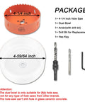 Package contents of 4-1/4 Inch Hole Saw Kit For Recessed Can Lights With Dust Bowl Catcher Bi-Metal Construction Includes Arbor