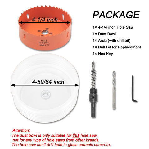 Package contents of 4-1/4 Inch Hole Saw Kit For Recessed Can Lights With Dust Bowl Catcher Bi-Metal Construction Includes Arbor