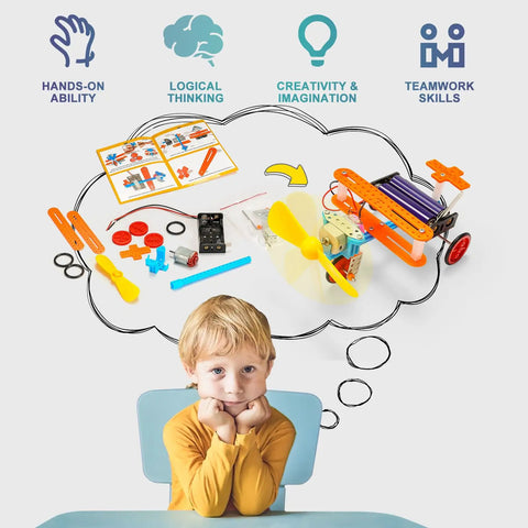 Six-In-One Robotics Science Kits For Kids Ages 8 To 12, STEM building toy parts and child thinking of robot projects