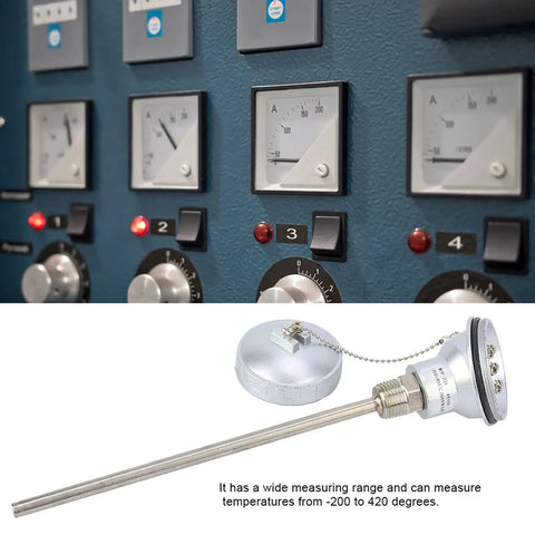 One Half Inch NPT Thread Thermocouple Terminal Head PT100 Stainless Steel Temperature Sensor Probe 200mm Length in front of control panel.
