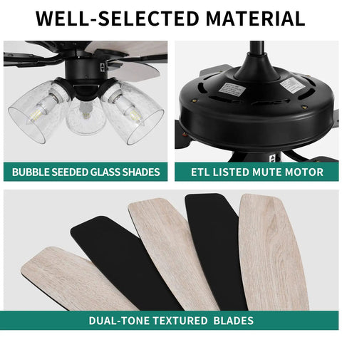 Farmhouse Ceiling Fan With Light And Remote, 52 Inch Outdoor Ceiling Fan in Oak and Black with Clear Seeded Glass Light Kit