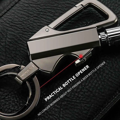 3 In 1 Infinity Lighter Keychain Permanent Match Lighter With Multitool Bottle Opener For Outdoor Survival Sleek Black And Gold Design Durable Key Ring Lighter For Camping And Everyday Carry on black leather background