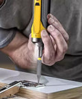 Premium T5 Torx Screwdriver Bits featuring A 28mm Short Hex Shank Design For Versatile Drill Compatibility And Ergonomic Control Making This 5 Piece Kit The Ultimate Go-To Tool For Any DIYer Or Professional Handyman Needing Serious Grip And Precision On, T5 bit in drill driving a hinge screw