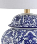Blue And White Ginger Jar Ceramic LED Table Lamp With Gold Base And White Linen Shade, Chinoiserie Style Lighting jar detail