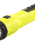 Dualie 275 Lumen Intrinsically Safe Rechargeable Flashlight With 120V 100V AC Charger Two LEDs And Three Lighting Modes Spot Flood Combo IP67 Waterproof Up To One Meter For 30 Minutes Snag Free Clip Yellow featuring rugged yellow design and black snag-free clip.