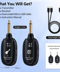 Dual Mode Wireless Guitar System UHF components, 1.9 oz transmitter, receiver, USB cable, and manual, plug and play for instruments.